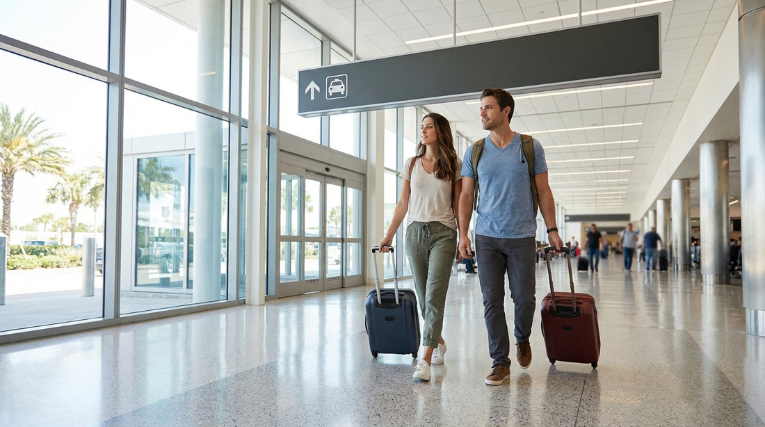 The bright, busy car hire center at Orlando International Airport with travelers at the counters