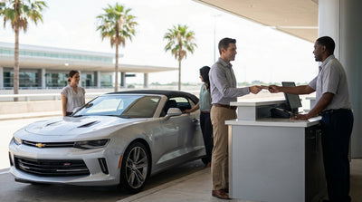 A person hands a credit card to an agent at a car hire counter in a Texas airport