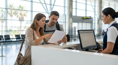 A person reviews their car rental agreement next to a sedan at the Las Vegas airport pick-up area