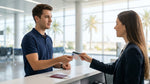 Young adult showing ID to an agent at an Orlando car rental counter