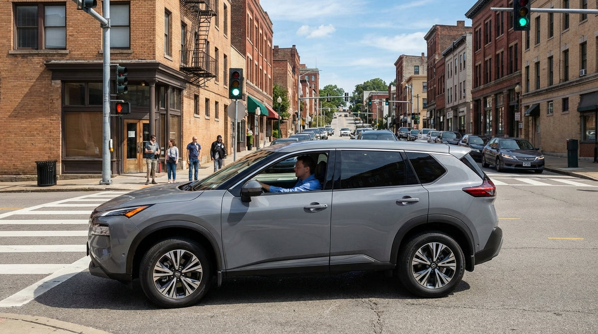A modern car hire navigating a busy street intersection with traffic lights in downtown Pittsburgh, Pennsylvania