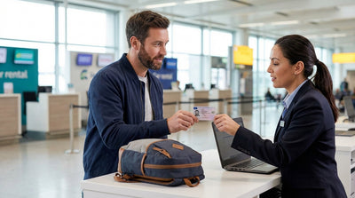 A convertible car hire drives down a street lined with tall palm trees on a sunny day in Los Angeles