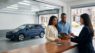 A person at a car rental counter in New York passing a credit card to an agent to get their keys