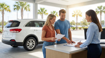 Traveler with their SUV car rental looking out over a vast canyon on a road trip in the United Estates