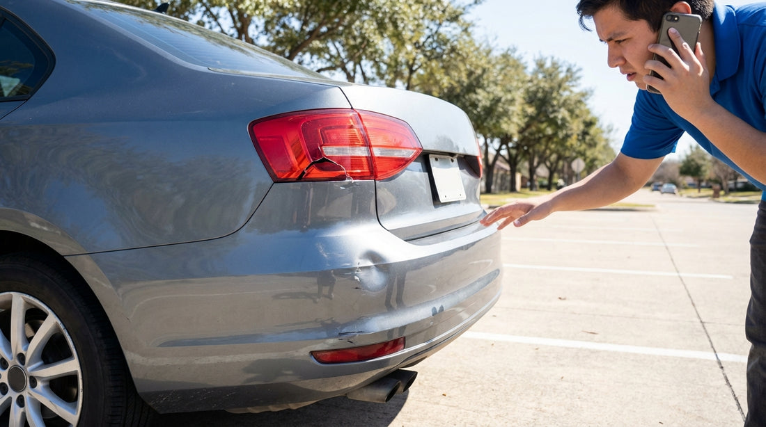 A person inspects damage on the side of their parked car hire on a sunny day in Texas