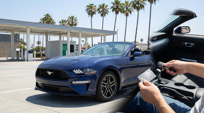 A person holding a credit card and debit card at a car hire desk in Los Angeles