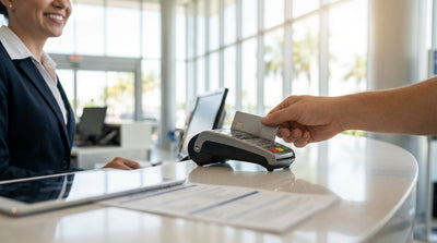 A convertible car hire drives down a scenic coastal highway lined with palm trees in sunny Florida