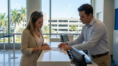 A convertible car hire driving down Ocean Drive in Miami past the iconic Art Deco buildings