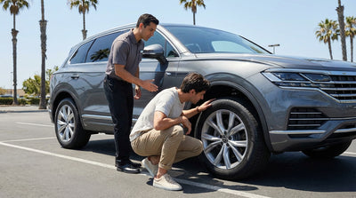 A person crouches to inspect the tire of a modern car hire on a sunny day in California
