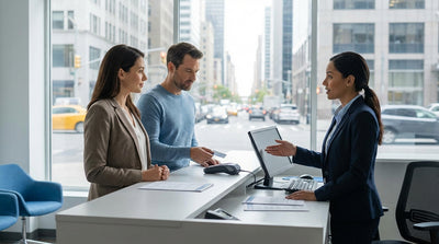 A couple discussing their car hire with an agent at a rental counter in New York