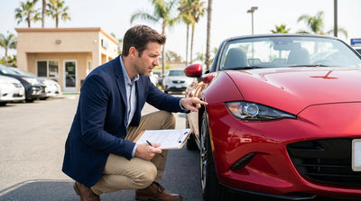 A convertible car hire drives down a scenic coastal highway overlooking the ocean in California