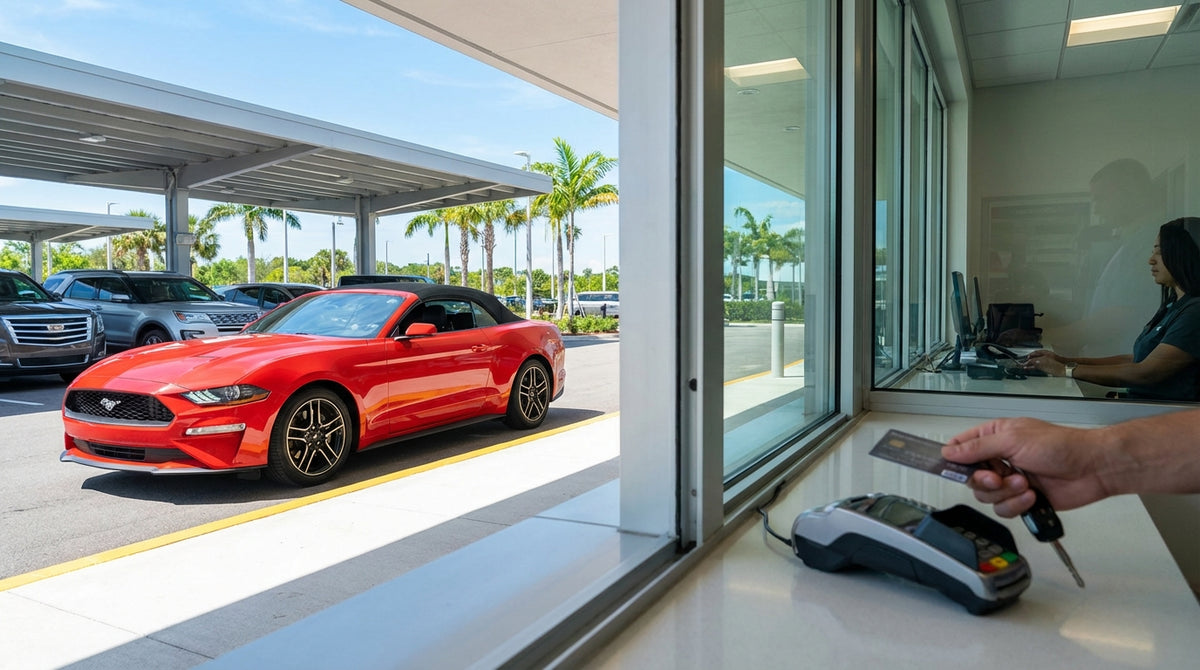 A convertible car rental driving down a sunny, palm-lined coastal highway in Florida