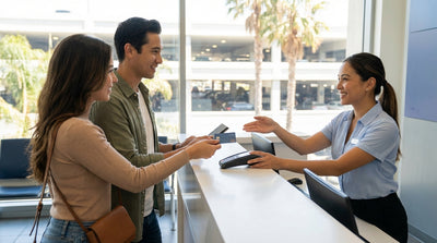 A person hands a credit card to an agent at a car hire desk at a sunny airport in California