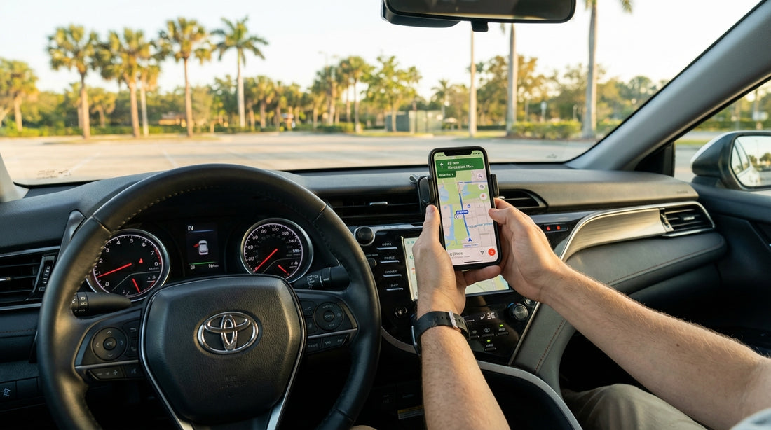Hands on the steering wheel of a car hire vehicle on a sunny, palm-lined road in Orlando