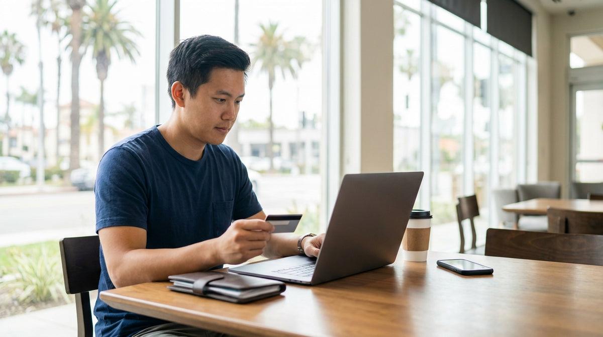 A convertible car rental driving on a scenic highway along the sunny California coast