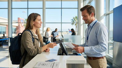 A person at a United States airport desk hands their passport over to collect their car hire keys