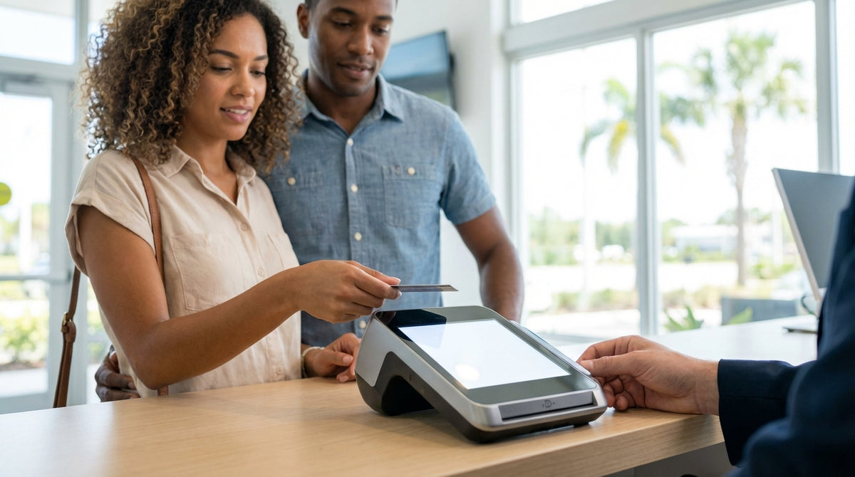 A modern white car rental parked along a scenic highway next to a beautiful beach in Florida