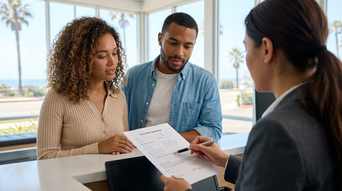 A modern car rental parked on a cliffside road overlooking the sunny California coast