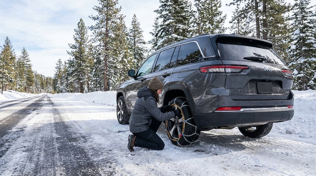 A car hire driving on a snowy mountain road through giant sequoia trees in California