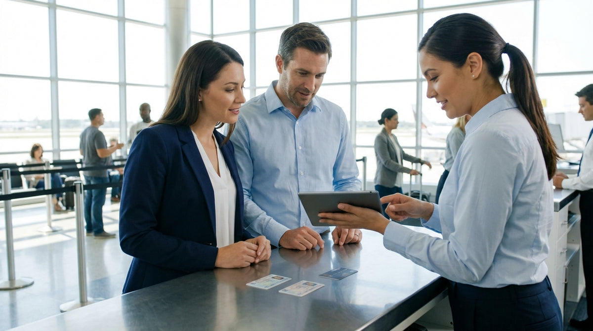 A couple at a United States airport counter finalizing their car rental agreement with an agent