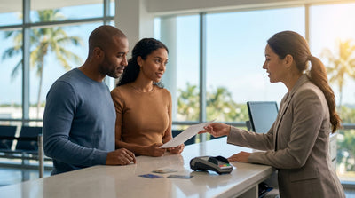 A person accepts the keys for their car rental on a sunny, palm-tree-lined street in Florida