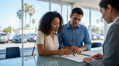 A person at a counter carefully reviewing their car hire contract before driving in Los Angeles