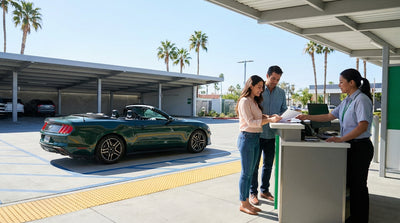 Two people with their car hire convertible looking out over the scenic Big Sur coastline in California