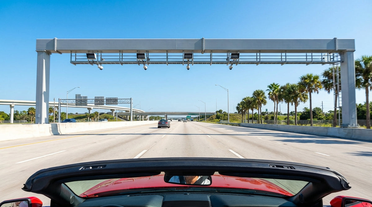 A white car rental drives under a cashless toll gantry on a palm-lined highway in Florida