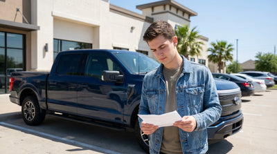 Young person smiling with keys next to their car rental on a wide-open road in Texas
