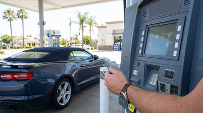 A driver uses a credit card at a gas pump to pay for fuel for their car rental in sunny California
