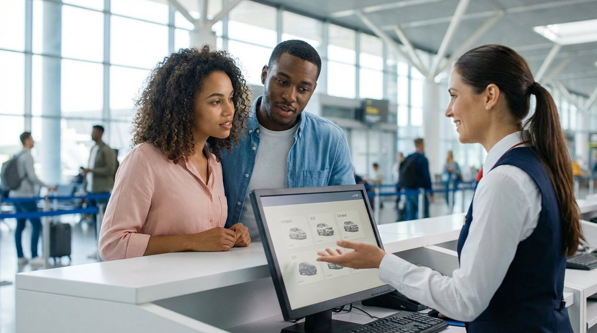 A line of different cars available for car rental under palm trees at a California airport