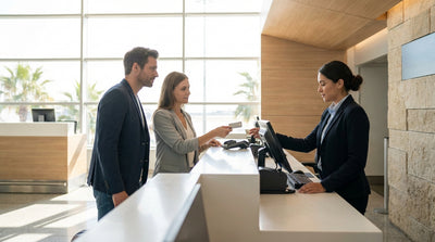 A row of modern car rental vehicles parked under palm trees at the Miami airport on a bright, sunny day