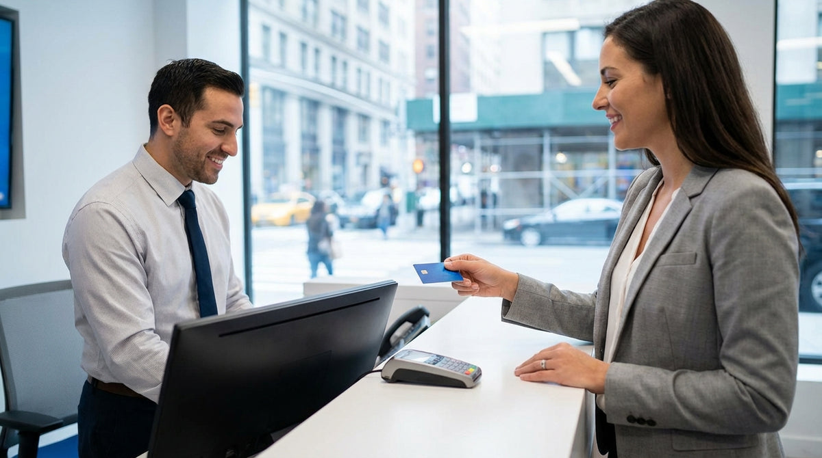 A person stands beside their car rental on a New York street with yellow cabs driving past in the background