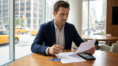A modern car rental drives through traffic on a sunny day with the New York City skyline in the background