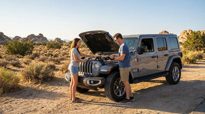 A car hire parked at a scenic desert viewpoint overlooking the mountains near Las Vegas at sunset