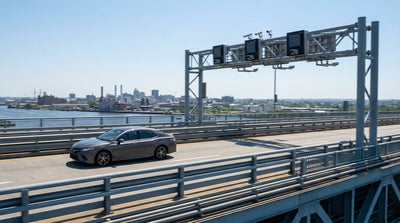 A car rental drives across a bridge leaving Philadelphia, Pennsylvania with the city skyline in the background