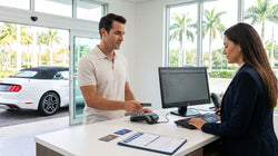 Close-up of a person paying with a credit card at a Florida car hire counter