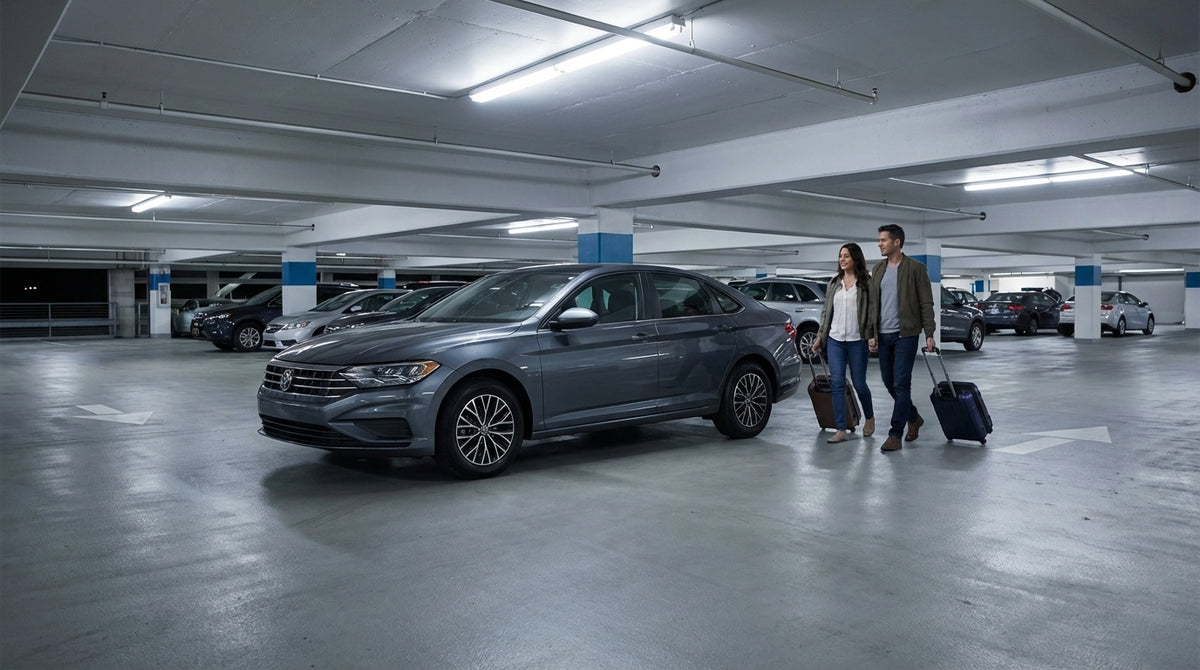 Rows of vehicles in the brightly lit car hire garage at Miami Airport, ready for a late-night pick-up