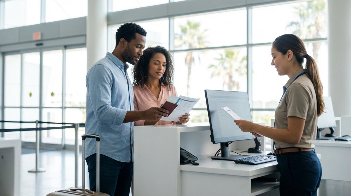 A traveler speaking with an agent at a car rental desk inside the bright Orlando airport terminal