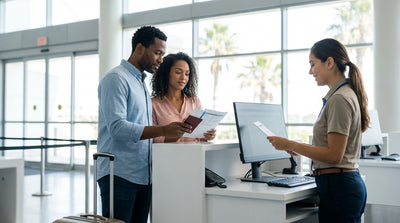 A traveler speaking with an agent at a car rental desk inside the bright Orlando airport terminal