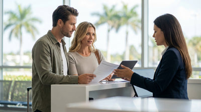 A red convertible car hire driving on a sunny coastal road lined with palm trees in Florida
