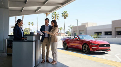 A red convertible car rental driving on a winding coastal road in sunny California