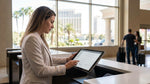 Close-up of a tablet showing a car rental e-signature screen at a desk in Las Vegas