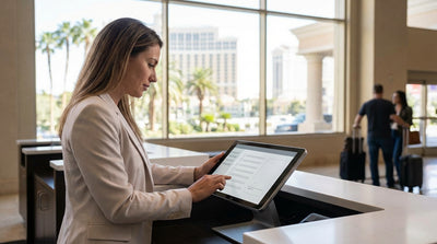 Close-up of a tablet showing a car rental e-signature screen at a desk in Las Vegas