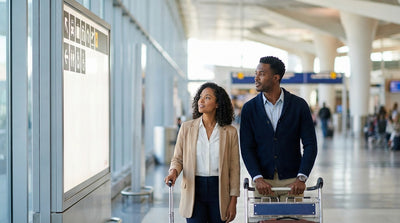 A traveler with luggage follows signs for car rental services inside JFK Terminal 8 in New York