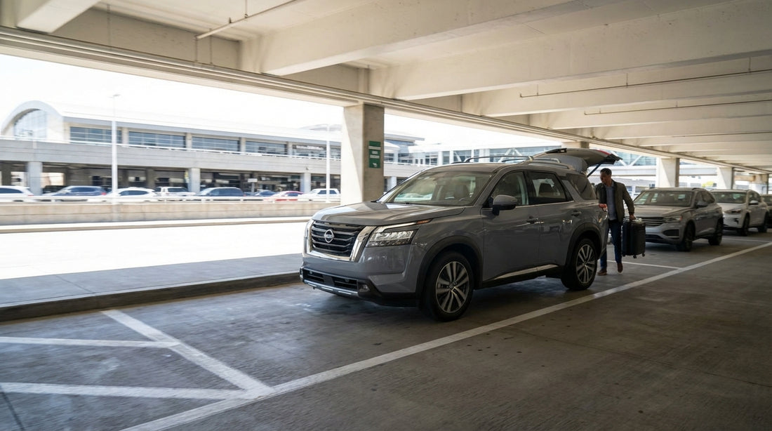 A driver's point of view from a car hire approaching the green highway signs for JFK Airport in New York