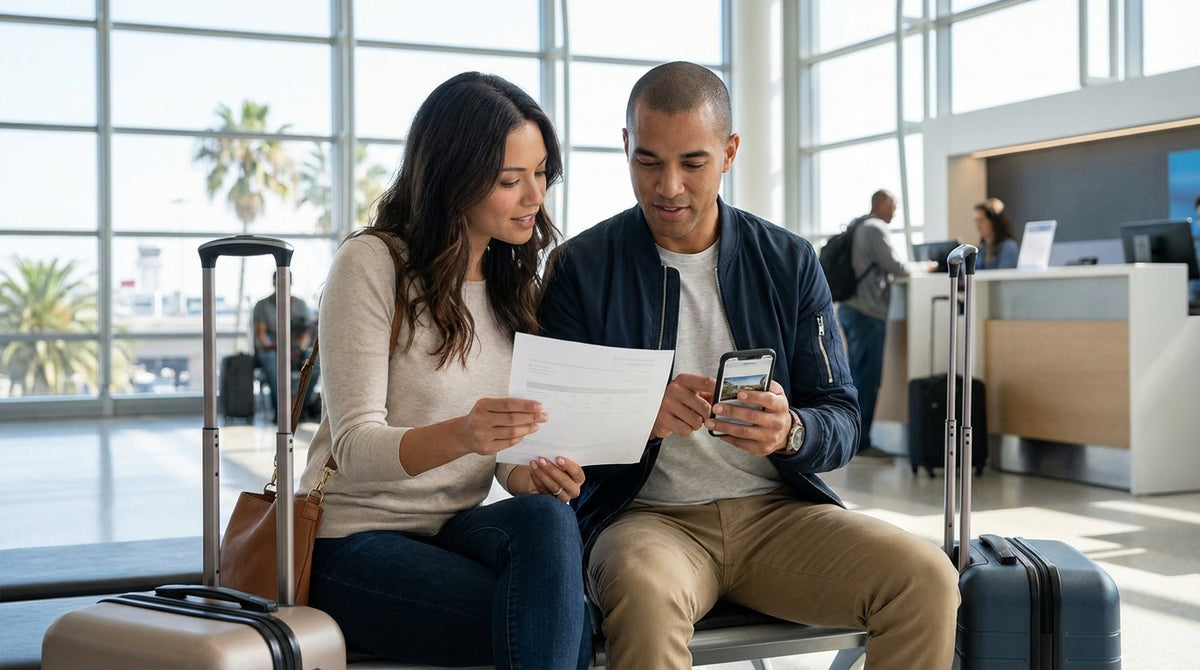 A traveler in the busy LAX terminal in Los Angeles looking at their phone for their car hire voucher