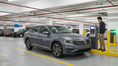A modern car hire vehicle drives down the entrance ramp of a brightly lit underground New York parking garage