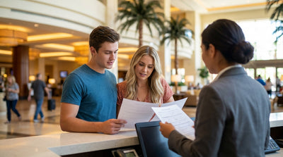 Young couple smiling by their red convertible car hire on the Las Vegas Strip at night