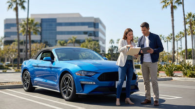 A modern car rental drives on a sunny freeway with the downtown Los Angeles skyline in the background